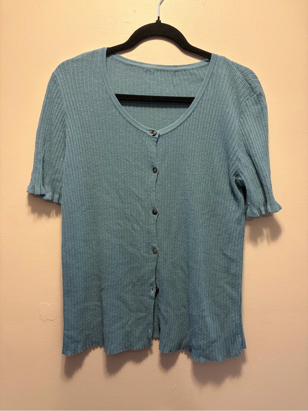 Women’s Linen Blend Ribbed Short-Sleeve Button Cardigan - Teal